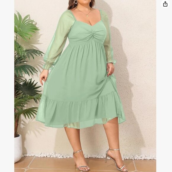 Talisea Sweetheart Long Sleeves Chiffon Cocktail Curvy Midi Dress (Sage, 22W) - Picture 2 of 5